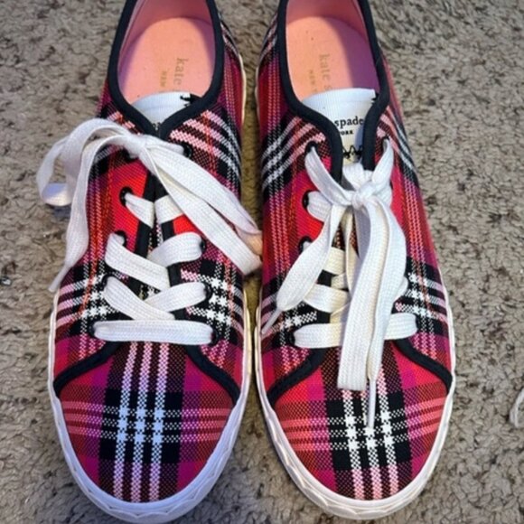 KATE SPADE VALE PINK MULTICOLORED PLAID SNEAKERS - Picture 3 of 3